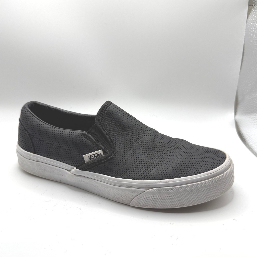 Vans Classic Slip-On Black Perforated Leather Sneakers Mens 6 Womens 7.5 Skater